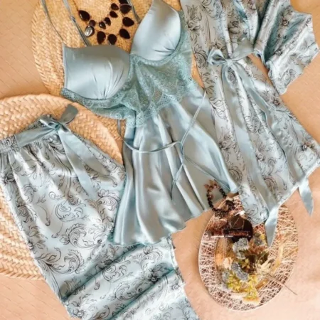 بجامة عروسة ساتان طويلة 3 قطع 607