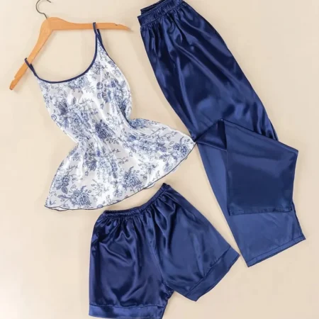 بجامة عرايسي ستان  مع شورت و بنطلون 3013