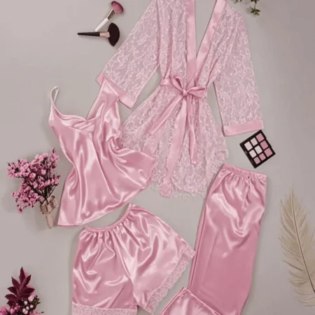 بيجامة ساتان طويلة 4 قطع 3010