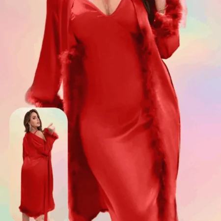 فستان نوم مع روب ساتان بلس سايز 2112